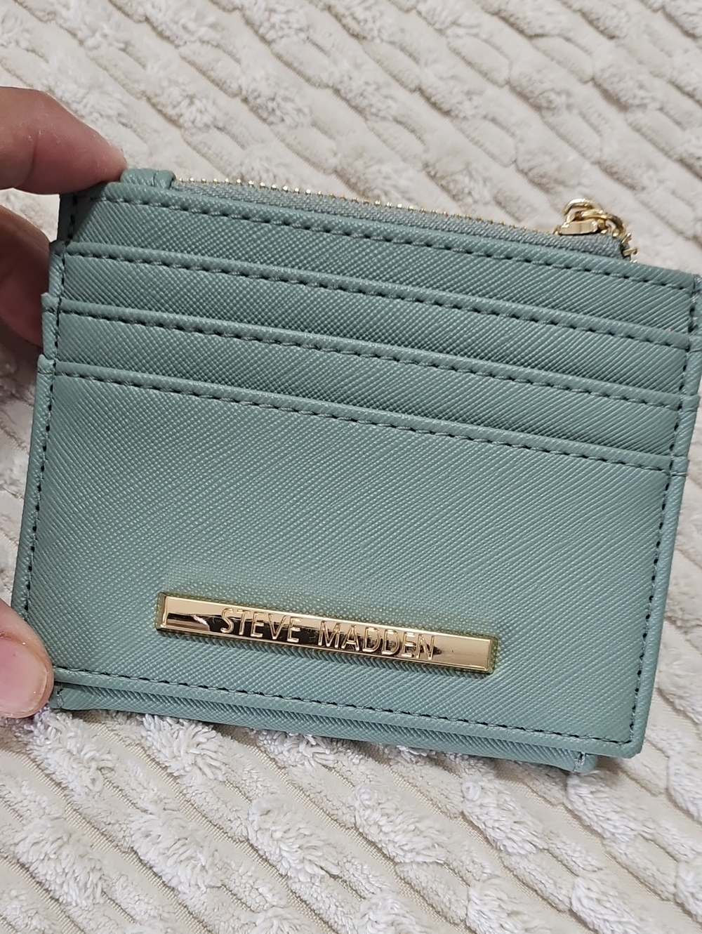 Steve Madden Seafoam Green Card Slot Wallet with Gold Accent